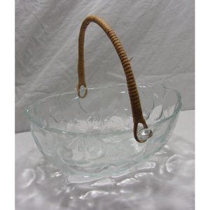 Large Oval Clear Glass Fruit Bowl Easter Egg Basket Decor w/ Rattan-Bamboo Handl